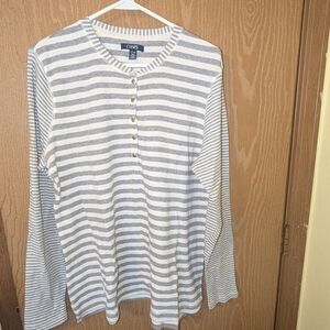 Chaps - Gray / Off-White Striped Waffle Fabric Crew Neck Henley L/S top -Size XL